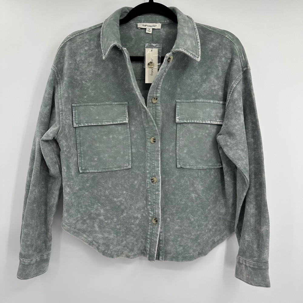 Francesca's Acid Wash Button Down Shacket Cropped Sage Green Size Small NWT